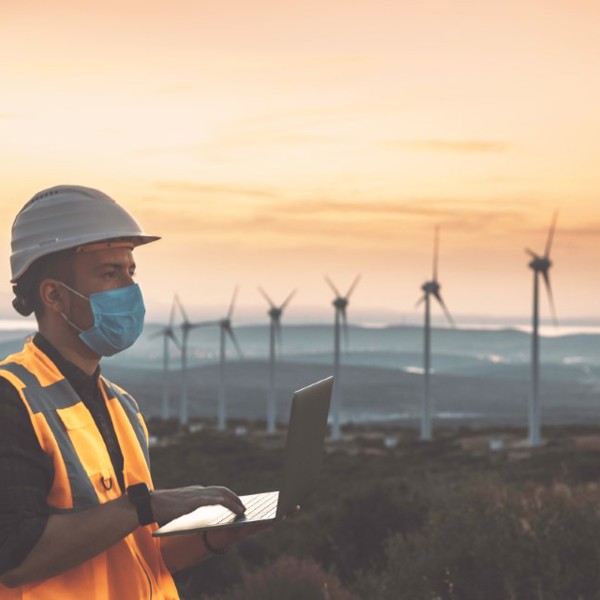 Man Working On Wind Farm With Mask On